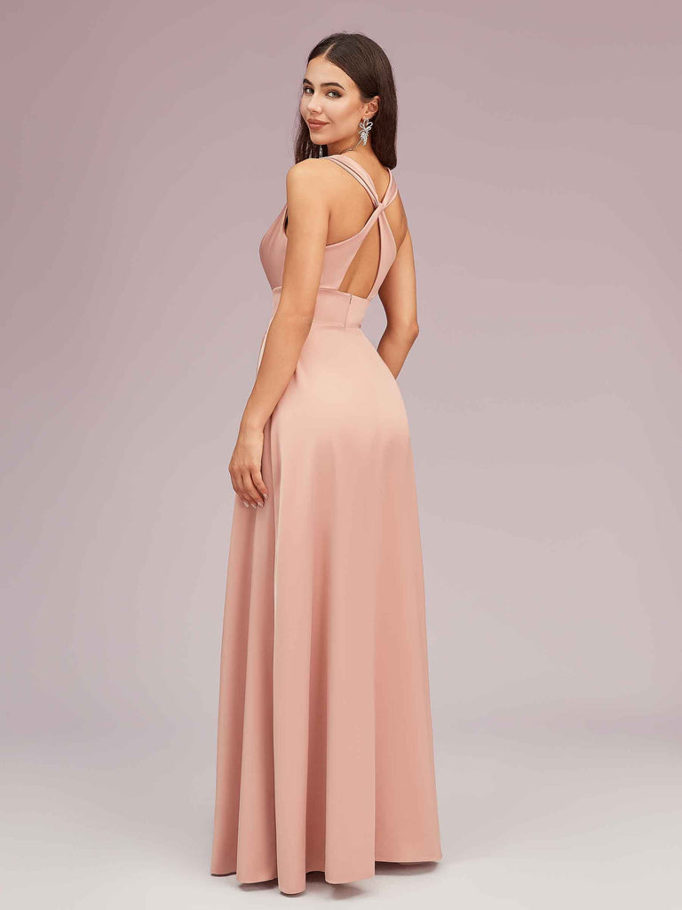 Sexy V-neck Long Side Slit Silk Satin Evening Prom Dresses Online Sexy V-neck Long Side Slit Silk Satin Evening Prom Dresses Online