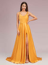Elegant A-line Spaghetti Straps Long Silky Satin Evening Prom Dresses With Slit