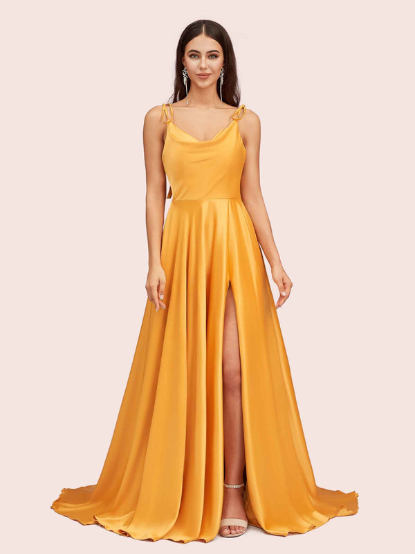 Elegant A-line Spaghetti Straps Long Silky Satin Evening Prom Dresses With Slit