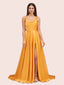 Elegant A-line Spaghetti Straps Long Silky Satin Evening Prom Dresses With Slit