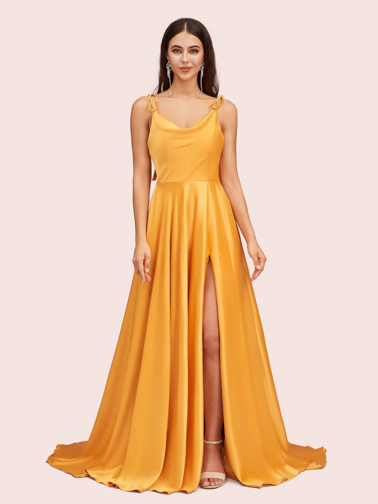 Elegant A-line Spaghetti Straps Long Soft Satin Bridesmaid Dresses With Slit Online Elegant A-line Spaghetti Straps Long Soft Satin Bridesmaid Dresses With Slit Online