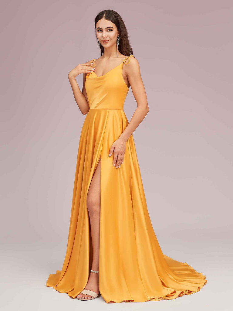 Cetims Elegant A line Spaghetti Straps Long Soft Satin Bridesmaid Dresses With Slit Marigold