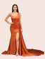 Sexy Mermaid One Shoulder Long Soft Satin Side Slit Evening Prom Dresses Online