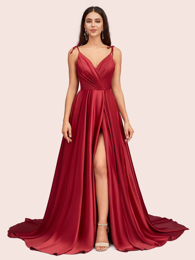 Party Wear Hot Red Dresses Online Elegant Spaghetti Straps A-line V-neck Long Soft Satin Side Slit Formal Prom Dresses Party Wear Hot Red Dresses Online Elegant Spaghetti Straps A-line V-neck Long Soft Satin Side Slit Formal Prom Dresses