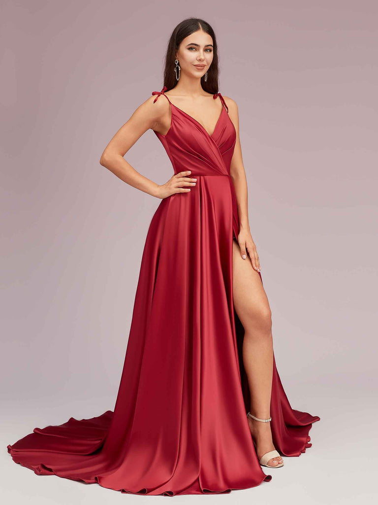 Elegant Spaghetti Straps A-line V-neck Long Soft Satin Side Slit Formal Prom Dresses