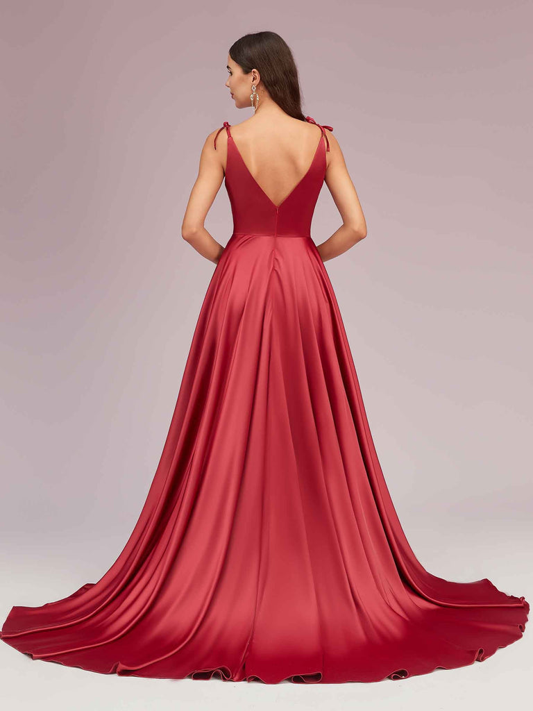 Elegant Spaghetti Straps V-neck Long Soft Satin Side Slit Bridesmaid Dresses For Sale