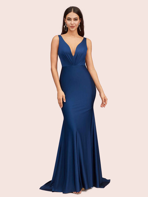 Sexy Deep V-neck Long Jersey Mermaid Bridesmaid Dresses Online