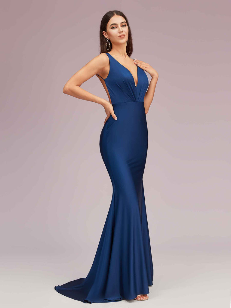 Sexy Deep V-neck Long Jersey Mermaid Bridesmaid Dresses Online