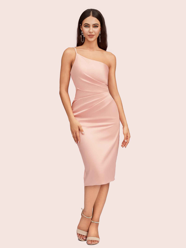 Sexy One Shoulder Silky Satin Short Midi Party Prom Dresses Online Sexy One Shoulder Silky Satin Short Midi Party Prom Dresses Online