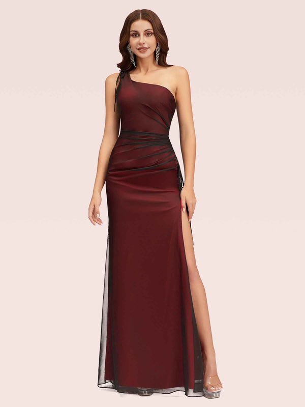 Sexy One Shoulder Red and Black Side Slit Long Prom Dresses Online