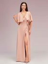 Elegant Bat Sleeves V-neck Side Slit Long Soft Satin Bridesmaid Dresses