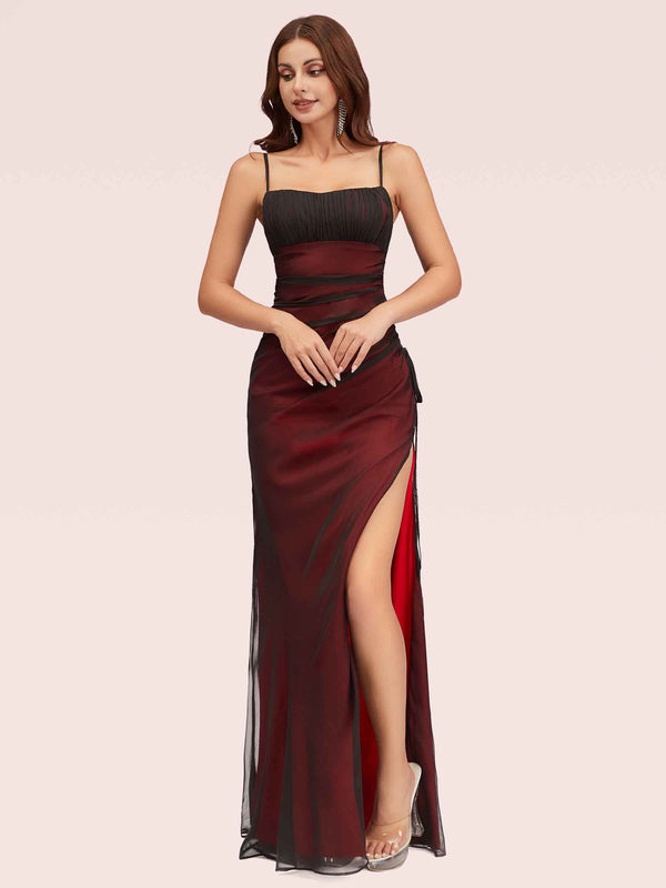 Sexy Spaghetti Straps Red And Black Prom Dresses With Slit