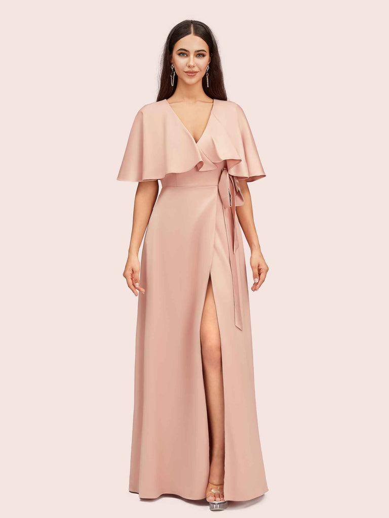 Elegant Bat Sleeves V-neck Side Slit Long Soft Satin Bridesmaid Dresses Elegant Bat Sleeves V-neck Side Slit Long Soft Satin Bridesmaid Dresses