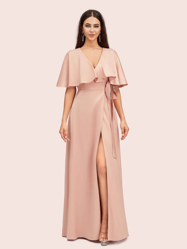 Elegant Bat Sleeves V-neck Side Slit Long Soft Satin Party Prom Dresses 2023