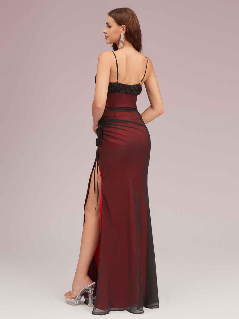 Sexy Spaghetti Straps Red And Black Prom Dresses With Slit