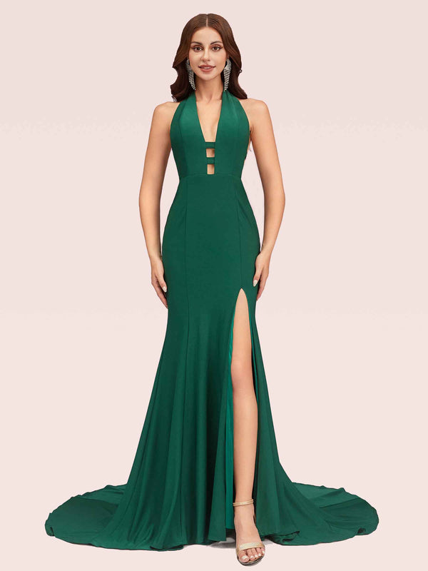 Sexy Halter Side Slit Open Back Stretchy Jersey Long Mermaid Bridesmaid Dresses Online