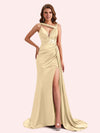 Unique Mermaid V-neck Side Slit Soft Satin Long Matron of Honor Dress For Wedding