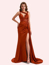 Unique Mermaid V-neck Side Slit Soft Satin Long Matron of Honor Dress For Wedding