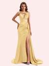 Unique Mermaid V-neck Side Slit Soft Satin Long Matron of Honor Dress For Wedding
