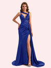 Unique Mermaid V-neck Side Slit Soft Satin Long Matron of Honor Dress For Wedding