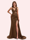 Unique Mermaid V-neck Side Slit Soft Satin Long Matron of Honor Dress For Wedding