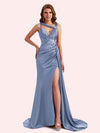 Unique Mermaid V-neck Side Slit Soft Satin Long Matron of Honor Dress For Wedding