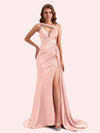 Unique Mermaid V-neck Side Slit Soft Satin Long Matron of Honor Dress For Wedding