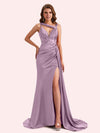 Unique Mermaid V-neck Side Slit Soft Satin Long Matron of Honor Dress For Wedding