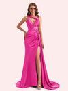 Unique Mermaid V-neck Side Slit Soft Satin Long Matron of Honor Dress For Wedding