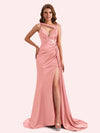 Unique Mermaid V-neck Side Slit Soft Satin Long Matron of Honor Dress For Wedding