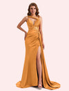 Unique Mermaid V-neck Side Slit Soft Satin Long Matron of Honor Dress For Wedding