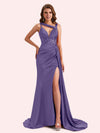 Unique Mermaid V-neck Side Slit Soft Satin Long Matron of Honor Dress For Wedding