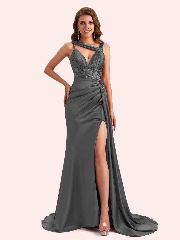 Unique Mermaid V-neck Side Slit Soft Satin Long Matron of Honor Dress For Wedding Unique Mermaid V-neck Side Slit Soft Satin Long Matron of Honor Dress For Wedding