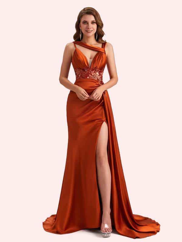 Unique Mermaid V-neck Side Slit Soft Satin Long Matron of Honor Dress For Wedding