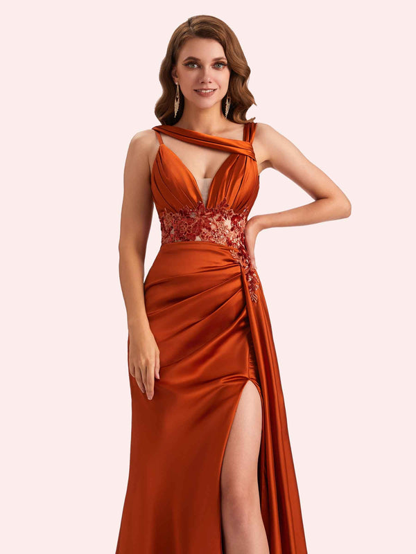 Unique Mermaid V-neck Side Slit Soft Satin Long Matron of Honor Dress For Wedding