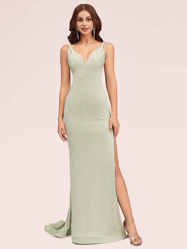 Sexy V-neck Side Slit Stretchy Jersey Long Mermaid Bridesmaid Dresses