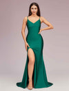Simple Mermaid Spaghetti Straps Side Slit Long Soft Satin Formal Prom Dresses 2023