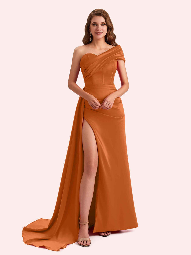 Sexy Sheath One Shoulder Side Slit Soft Satin Long Bridesmaid Dress For Wedding Sexy Sheath One Shoulder Side Slit Soft Satin Long Bridesmaid Dress For Wedding