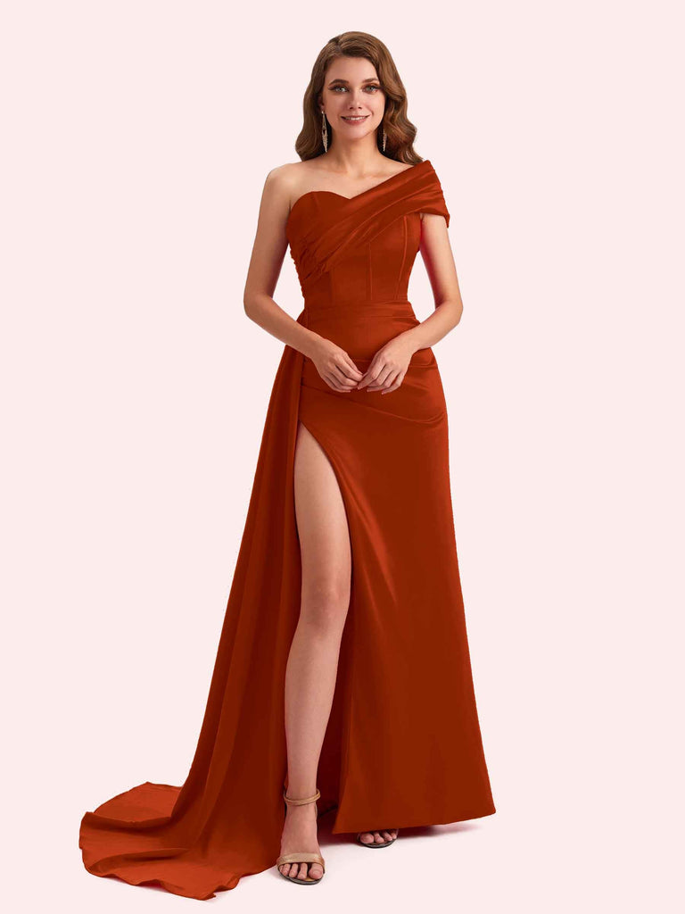 Sexy Sheath One Shoulder Side Slit Soft Satin Long Bridesmaid Dress For Wedding Sexy Sheath One Shoulder Side Slit Soft Satin Long Bridesmaid Dress For Wedding