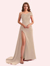 Sexy Sheath One Shoulder Side Slit Soft Satin Long Bridesmaid Dress For Wedding