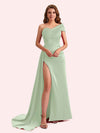 Sexy Sheath One Shoulder Side Slit Soft Satin Long Bridesmaid Dress For Wedding