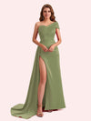 Sexy Sheath One Shoulder Side Slit Soft Satin Long Bridesmaid Dress For Wedding