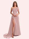 Sexy Sheath One Shoulder Side Slit Soft Satin Long Bridesmaid Dress For Wedding