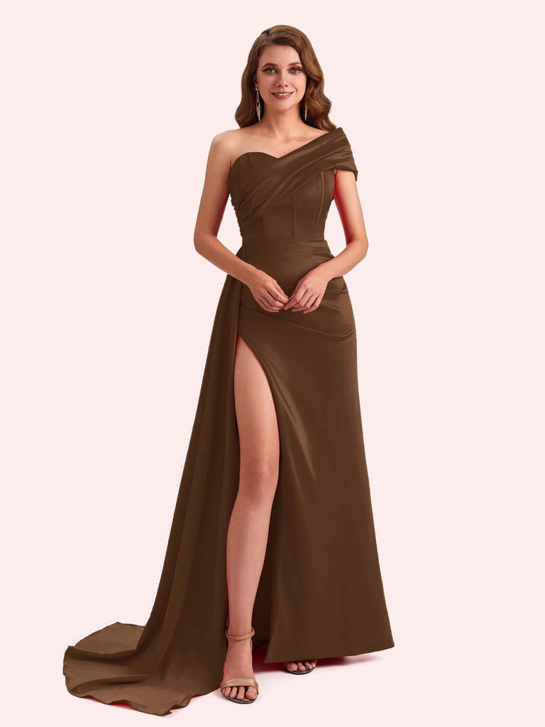 Sexy Sheath One Shoulder Side Slit Soft Satin Long Bridesmaid Dress For Wedding Sexy Sheath One Shoulder Side Slit Soft Satin Long Bridesmaid Dress For Wedding