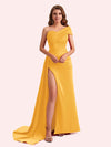 Sexy Sheath One Shoulder Side Slit Soft Satin Long Bridesmaid Dress For Wedding
