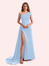 Sexy Sheath One Shoulder Side Slit Soft Satin Long Bridesmaid Dress For Wedding