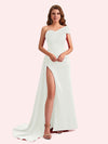Sexy Sheath One Shoulder Side Slit Soft Satin Long Bridesmaid Dress For Wedding