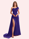 Sexy Sheath One Shoulder Side Slit Soft Satin Long Bridesmaid Dress For Wedding