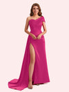 Sexy Sheath One Shoulder Side Slit Soft Satin Long Bridesmaid Dress For Wedding