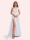 Sexy Sheath One Shoulder Side Slit Soft Satin Long Bridesmaid Dress For Wedding